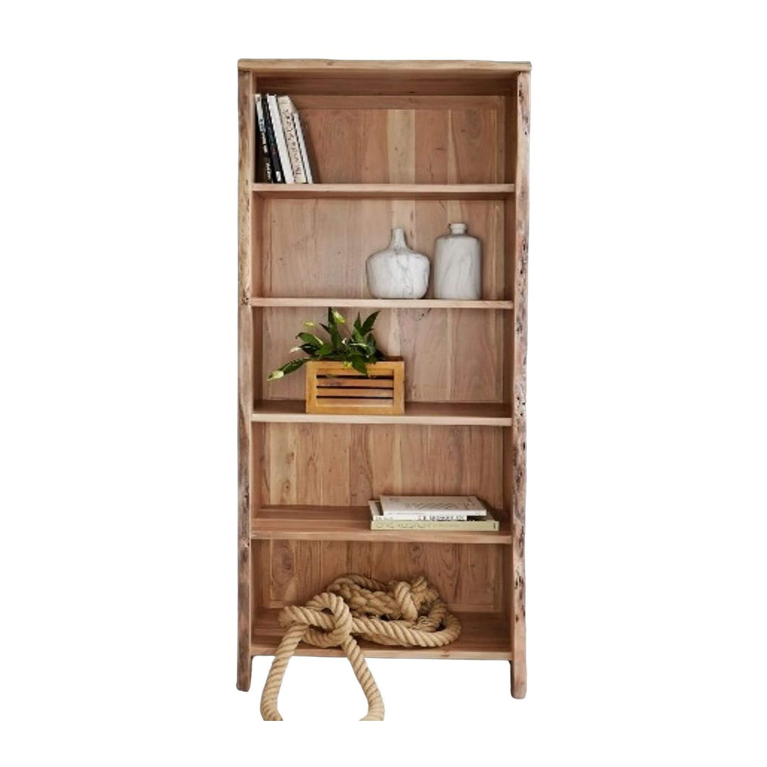 Front view of Acacia Edge Shelf made from solid acacia wood with multiple shelves.
