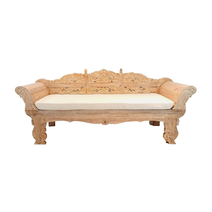 Front view of Cronus carved teak wood daybed with intricate floral details