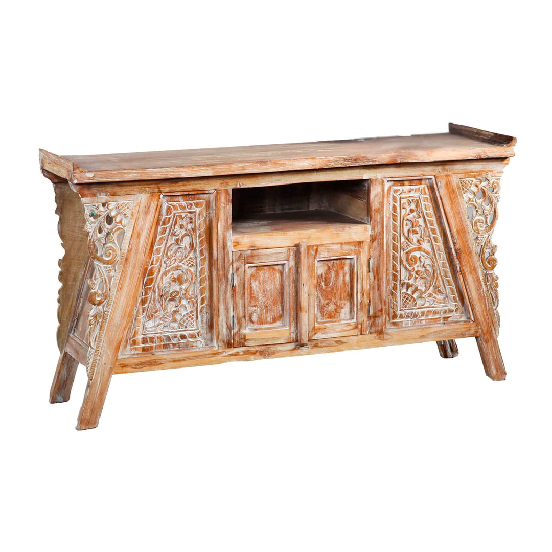 Kura Kura Carved Teak Wood Buffet with whitewashed floral motifs, front angle.