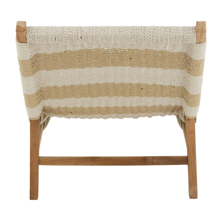 Back view showcasing teak frame and woven polyester seat