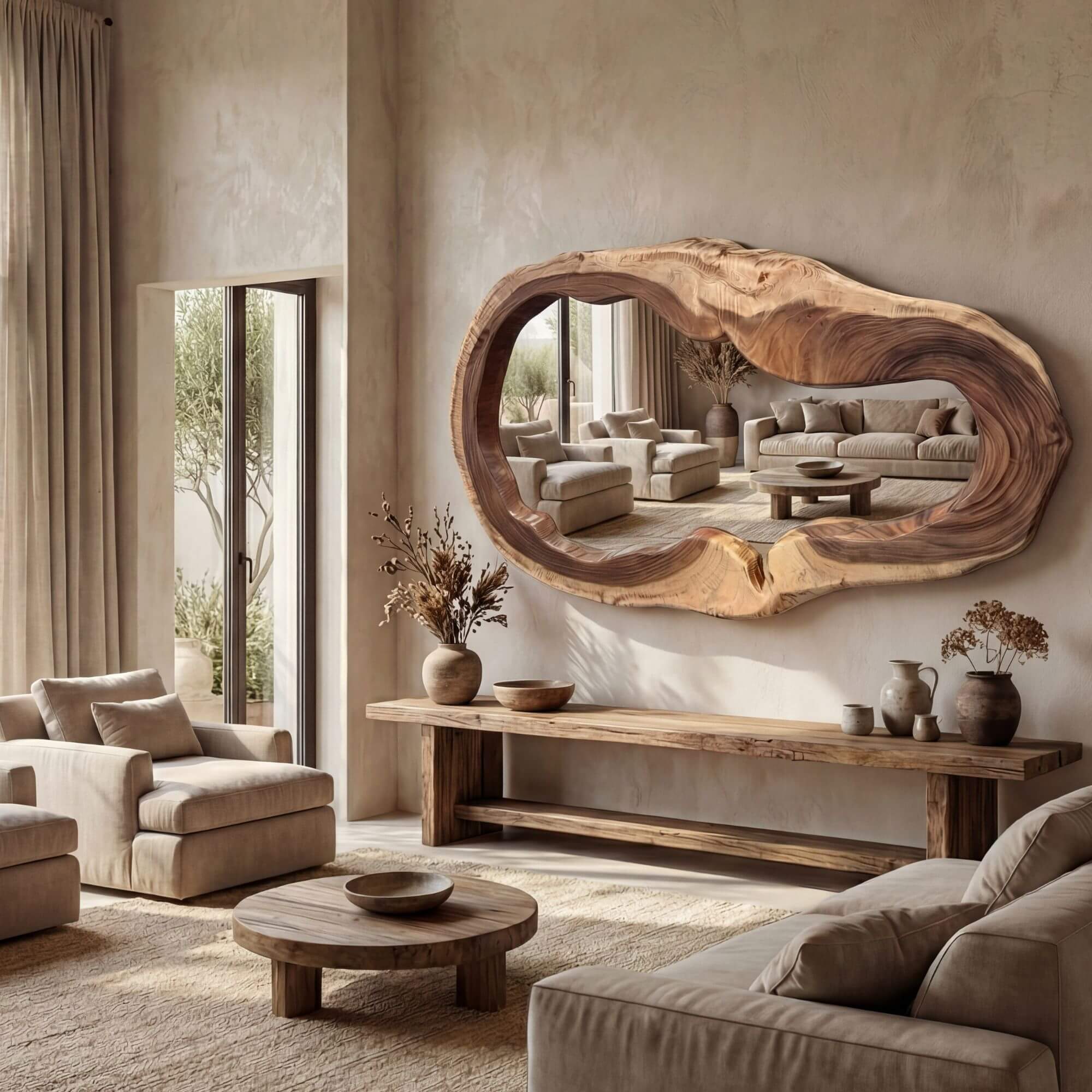 Living room with a large wooden mirror and neutral decor