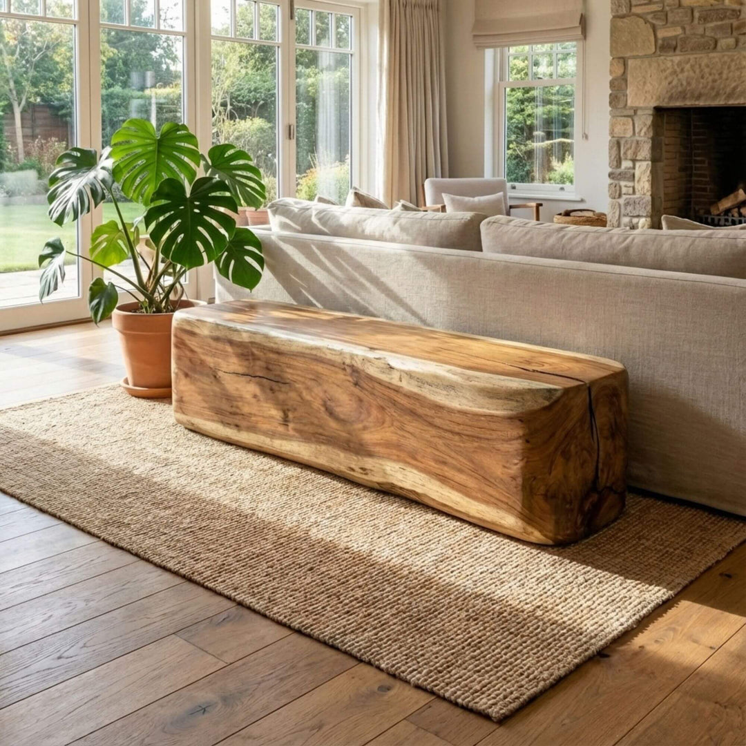 Styled interior setting with the Antares bench placed in a living room beside a sofa.