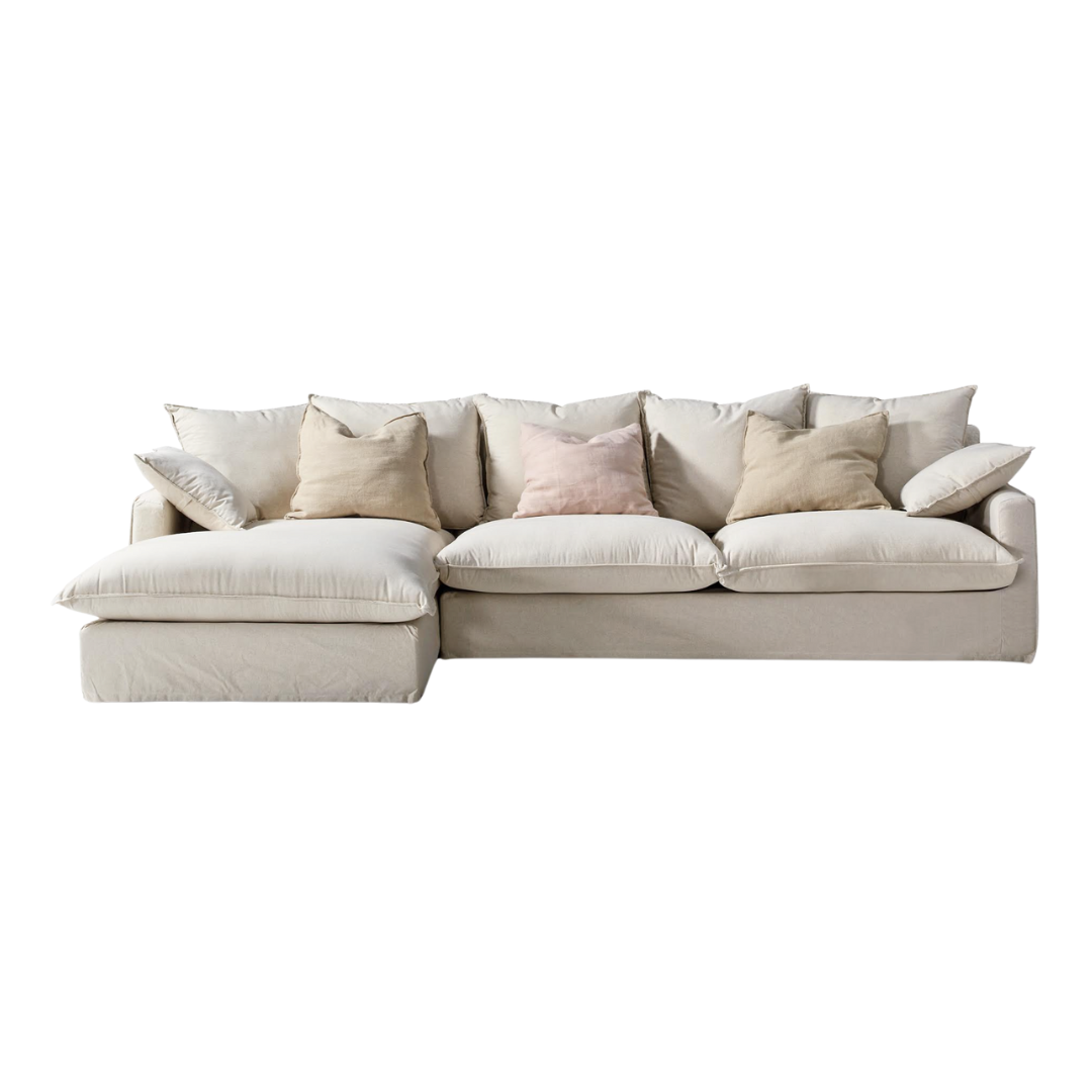 Sicilia Sofa close-up showing soft linen texture.