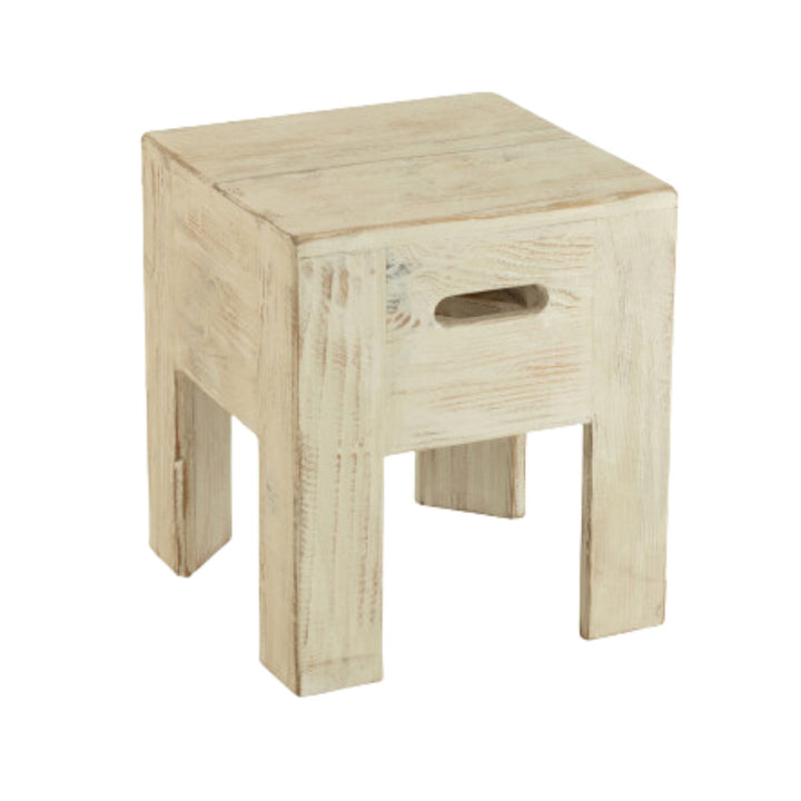 Pine wood square stool with a solid block design and natural wood texture.