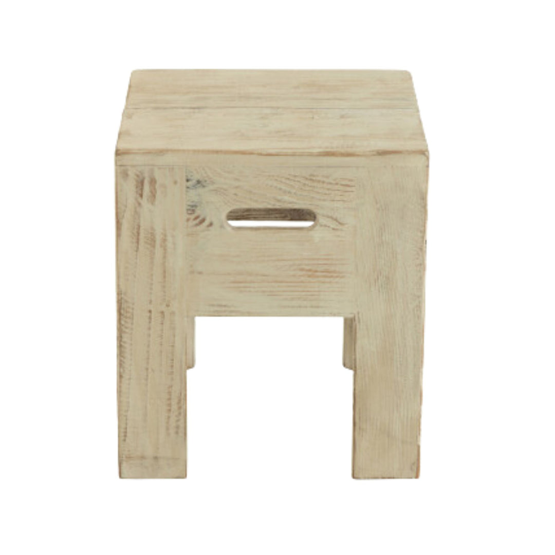Front view of the square pine wood stool highlighting its clean lines and handle detail.