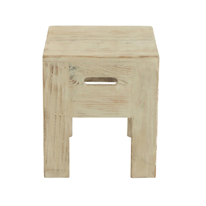 Front view of the square pine wood stool highlighting its clean lines and handle detail.