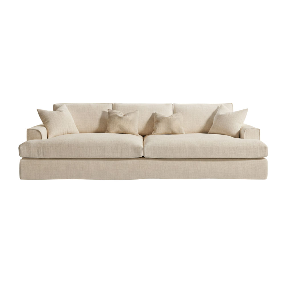 Rimini Sofa in sand linen with deep seating and removable covers.