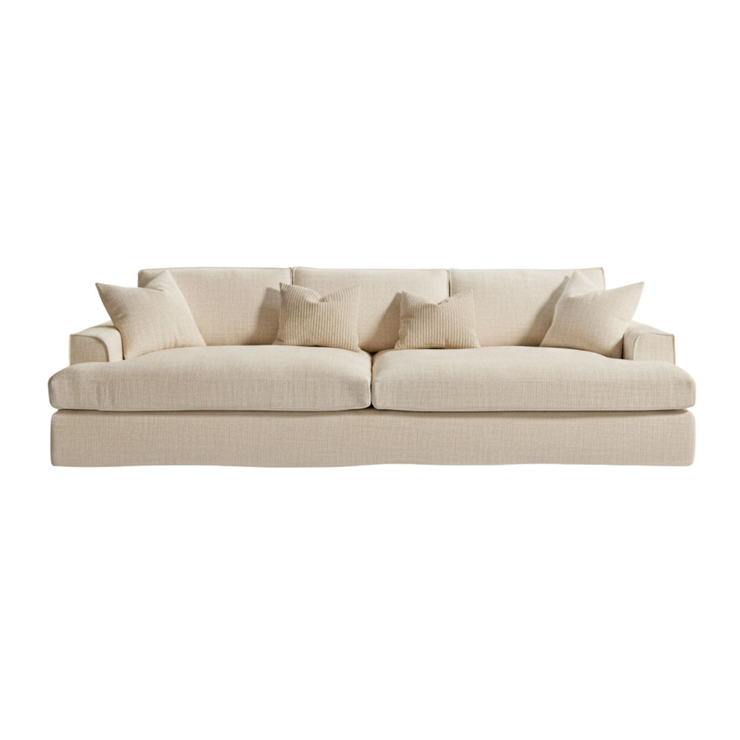 Rimini Sofa in sand linen with deep seating and removable covers.