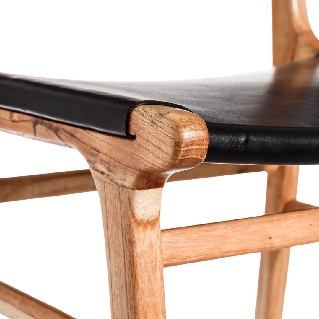 BUFFALO TEAK AND LEATHER DINING CHAIR | BLACK 50X52X83CM