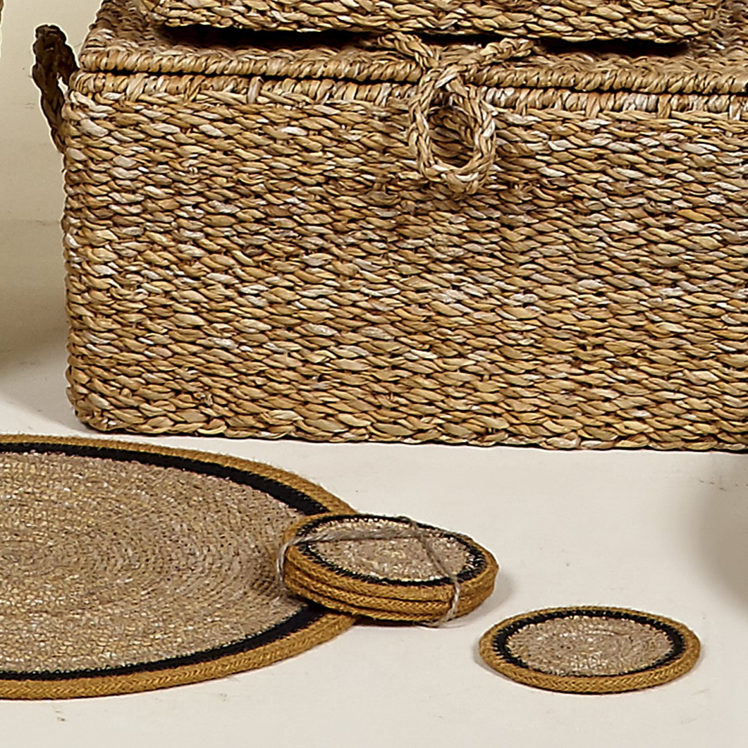 STRAW COASTER S/4 | MUSTARD/BLACK/NATURAL 10CM