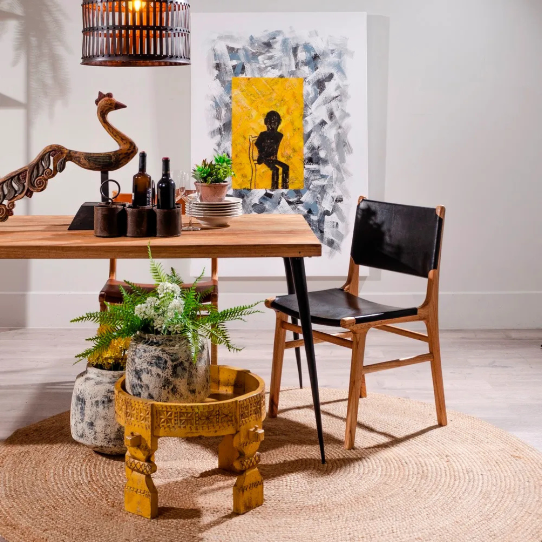BUFFALO TEAK AND LEATHER DINING CHAIR | BLACK 50X52X83CM