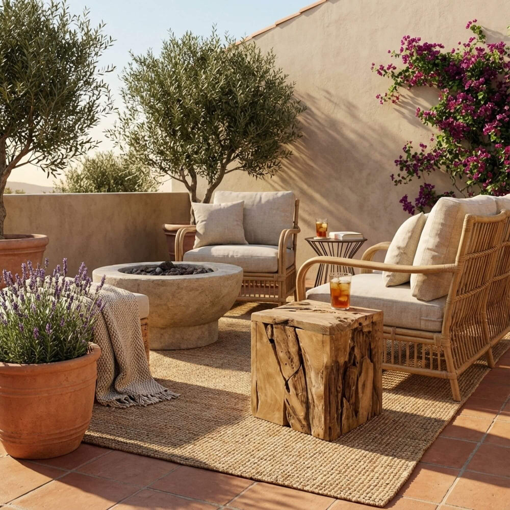 Outdoor setting featuring the Manihi stool used as a side table in a natural terrace environment.