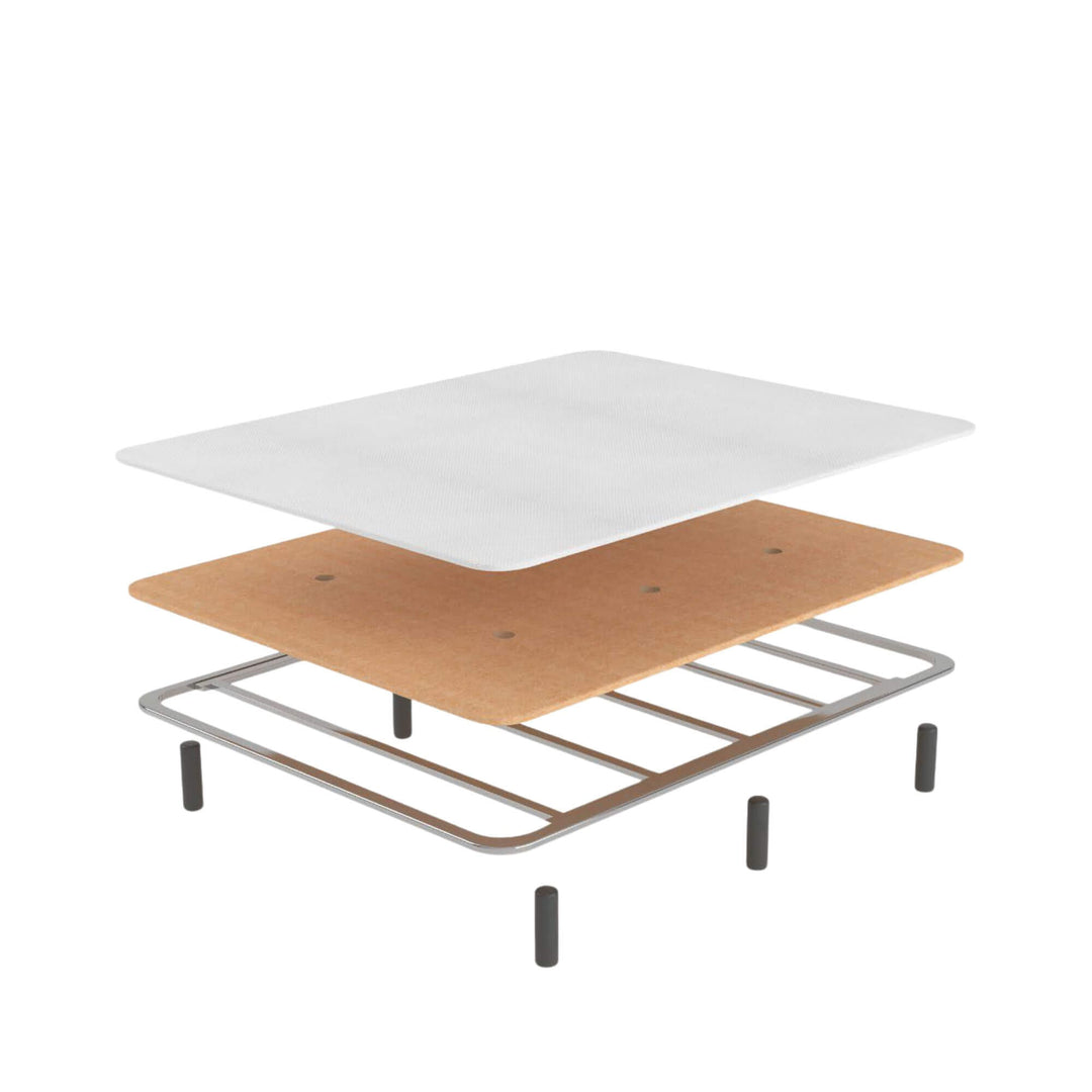 Exploded technical view of the 3D bed base showing breathable layers and reinforced internal structure.
