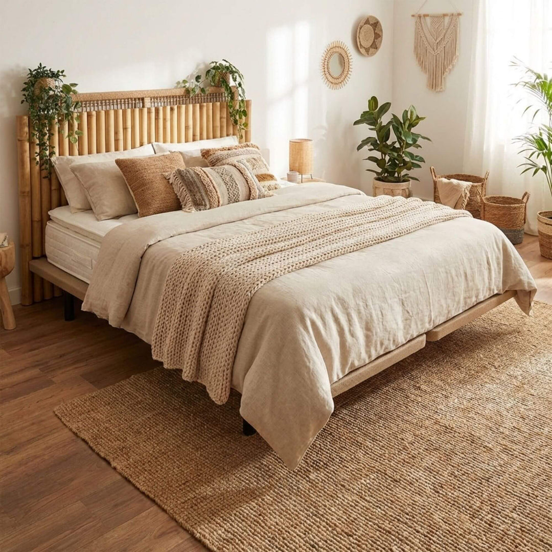 Styled bedroom setting featuring the 3D upholstered bed base paired with a natural wood headboard.