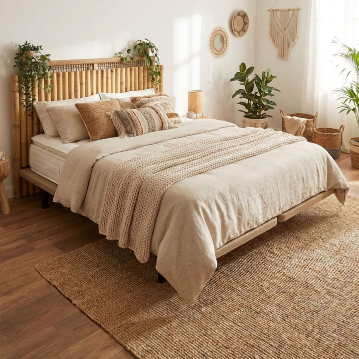Styled bedroom setting featuring the 3D upholstered bed base paired with a natural wood headboard.