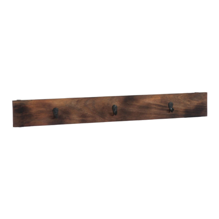 Reclaimed wood wall hanger with three black iron hooks, showcasing a natural wood grain and minimalist rustic design.