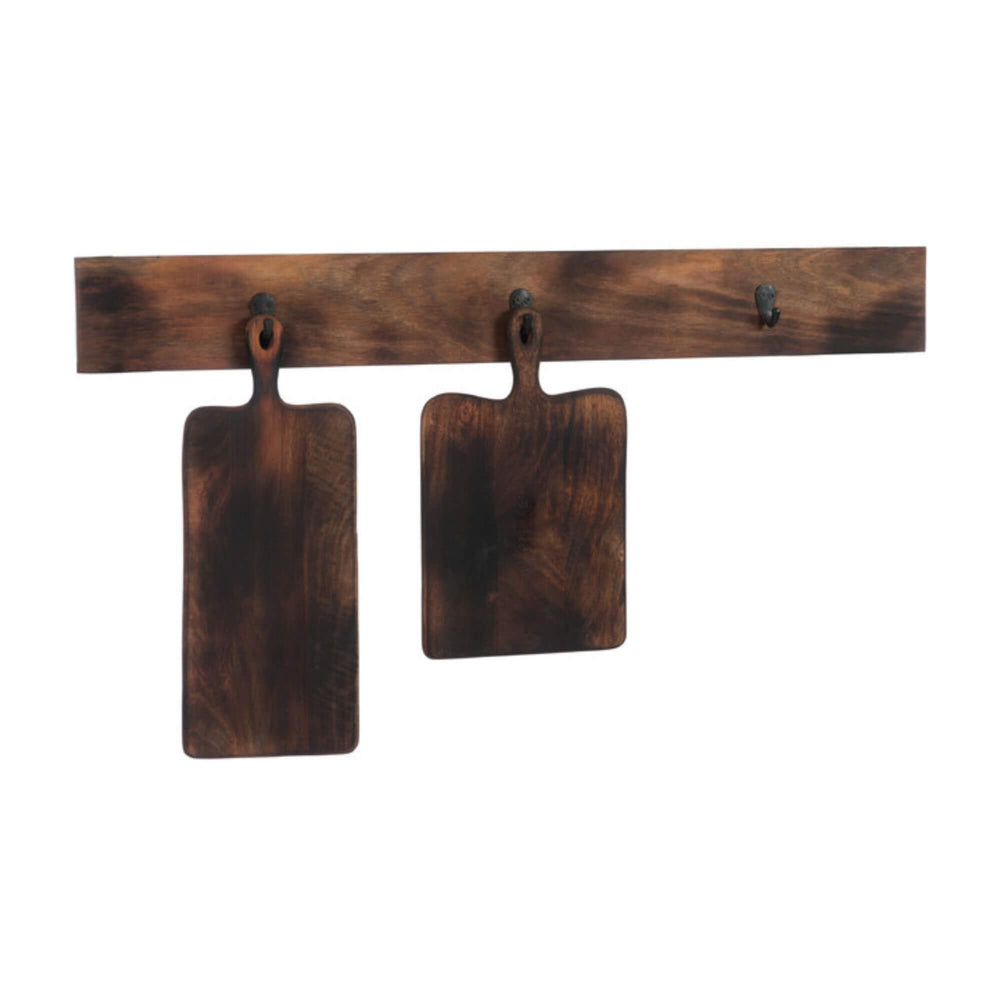 Rustic reclaimed wood hanger with three iron hooks, two holding wooden cutting boards — ideal for kitchen or entryway decor