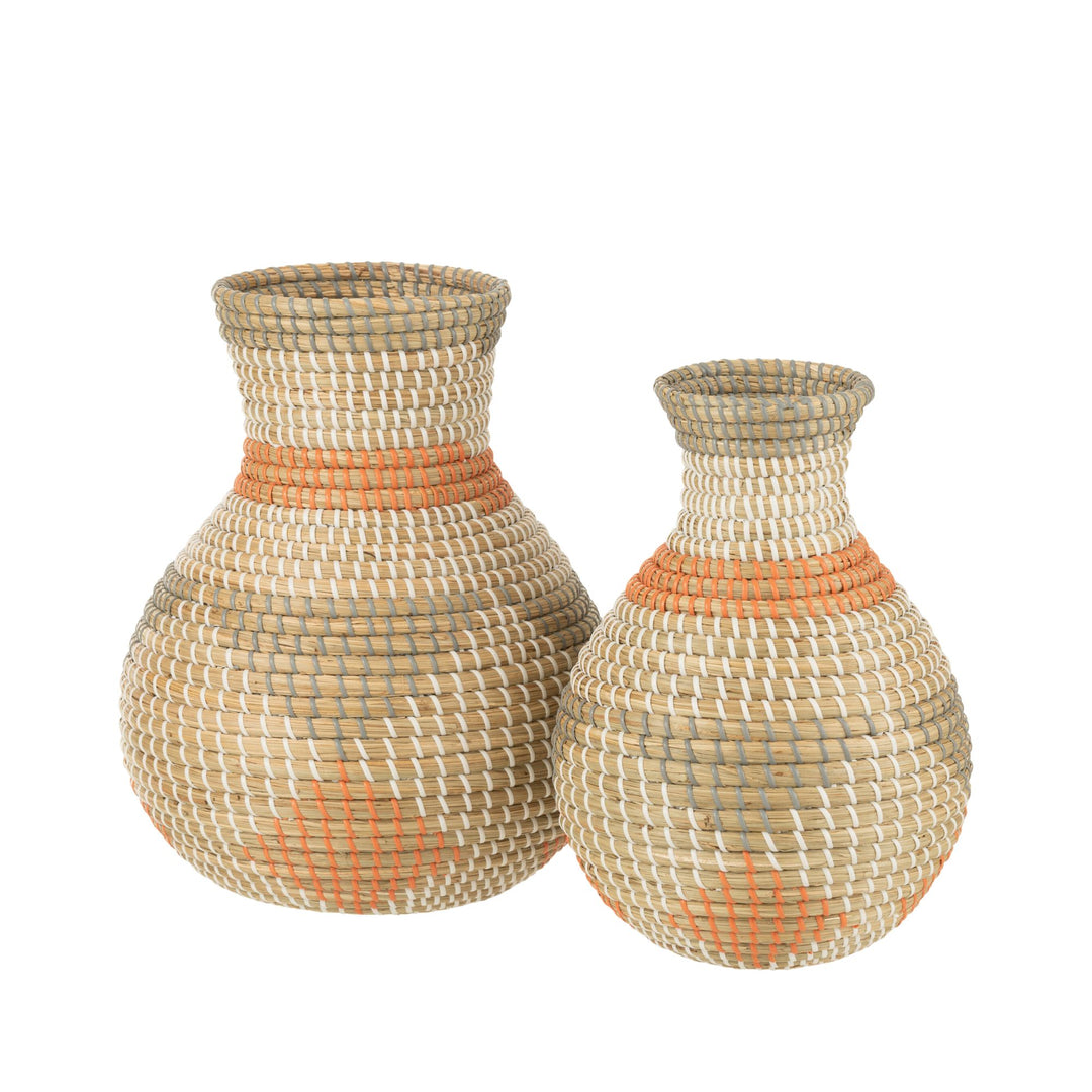 Front view of the Orange Ghana raffia vase with rounded shape and woven orange details.