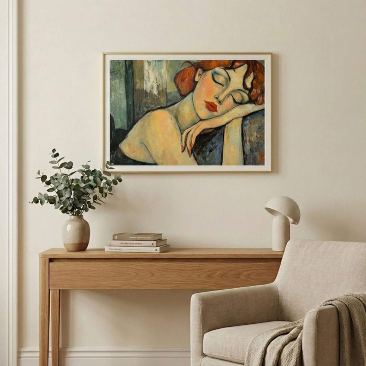 Styled interior setting featuring the artwork as a serene focal point above a console table.