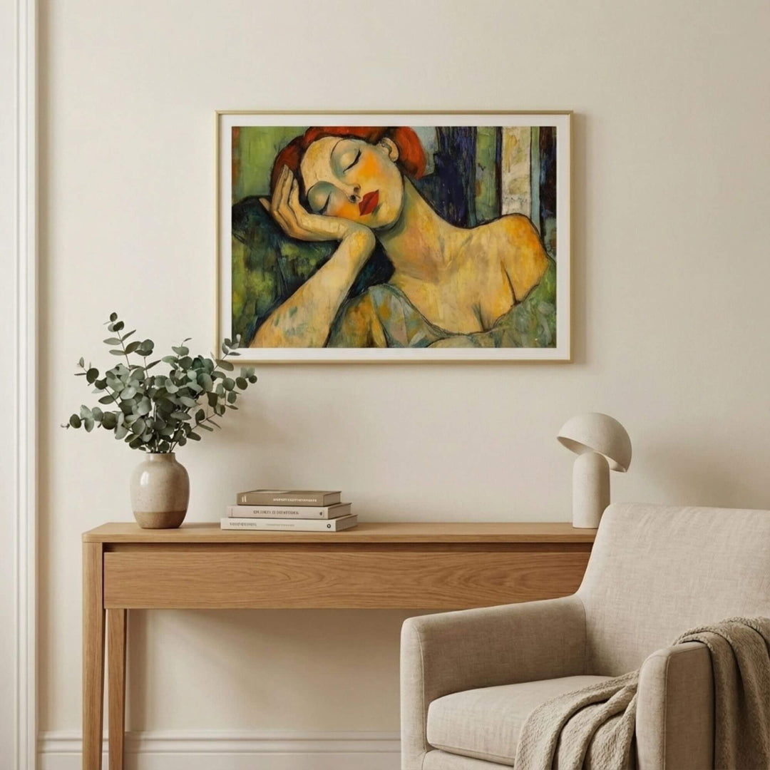 Styled interior setting featuring the artwork as a serene focal point above a console table.