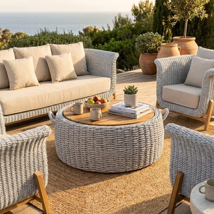 Outdoor setting featuring the Abuk coffee table styled with lounge seating on a terrace.