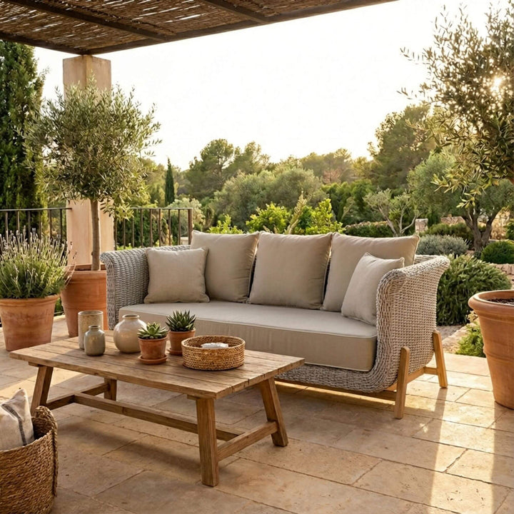 Outdoor terrace setting featuring the Abuk three seater sofa styled with cushions and a coffee table.