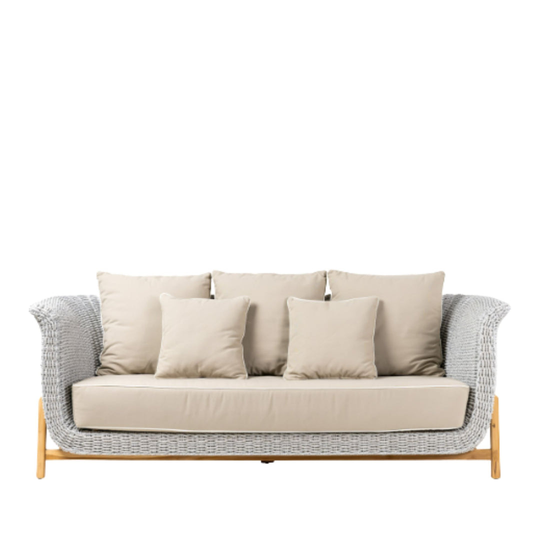 Front view of the Abuk Outdoor Three Seater Sofa showing teak wood frame and woven polyrattan sides.