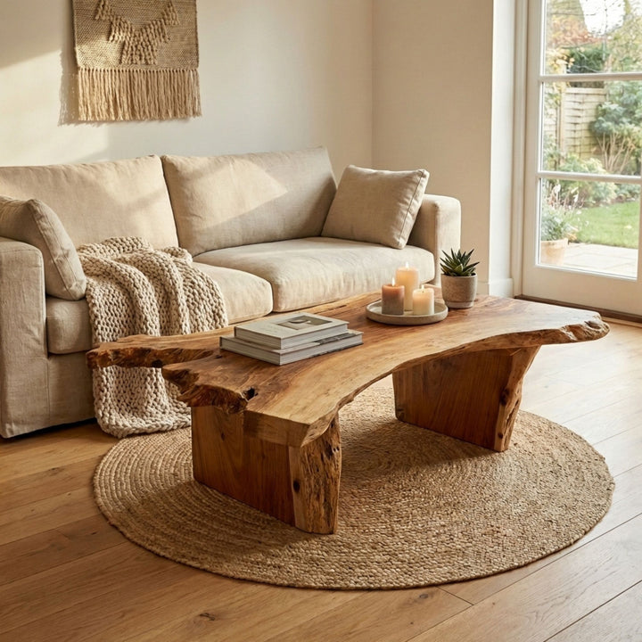 Front view of the Acacia coffee table showcasing its solid wood top and organic edges.