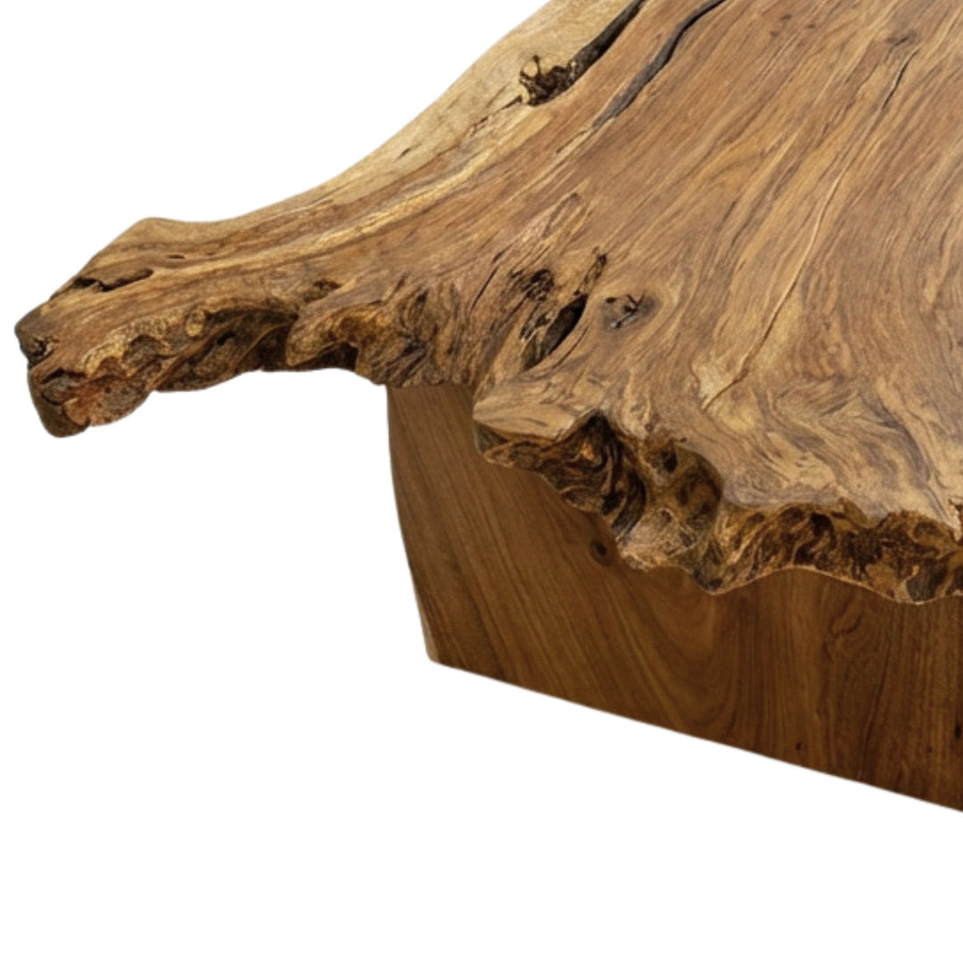 Close-up detail of the acacia wood grain and natural imperfections.