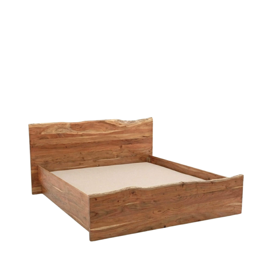 Front view of Acacia Edge bed showcasing its solid acacia wood frame and natural live-edge design.