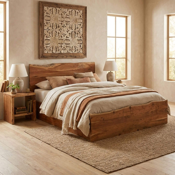 Styled bedroom interior featuring the Acacia Edge bed as a warm and organic focal point.