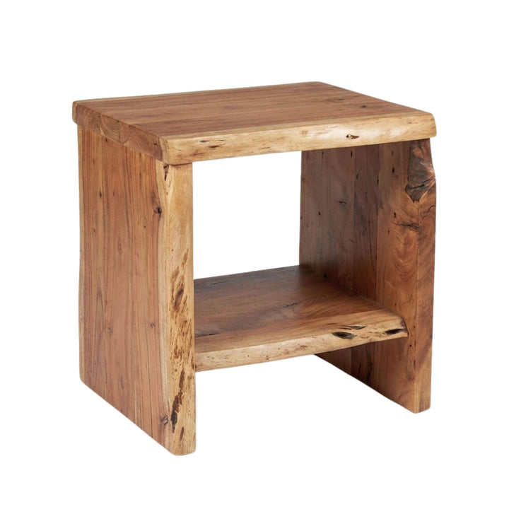 Front view of Acacia Edge bedside table highlighting its solid acacia wood structure and open shelf.