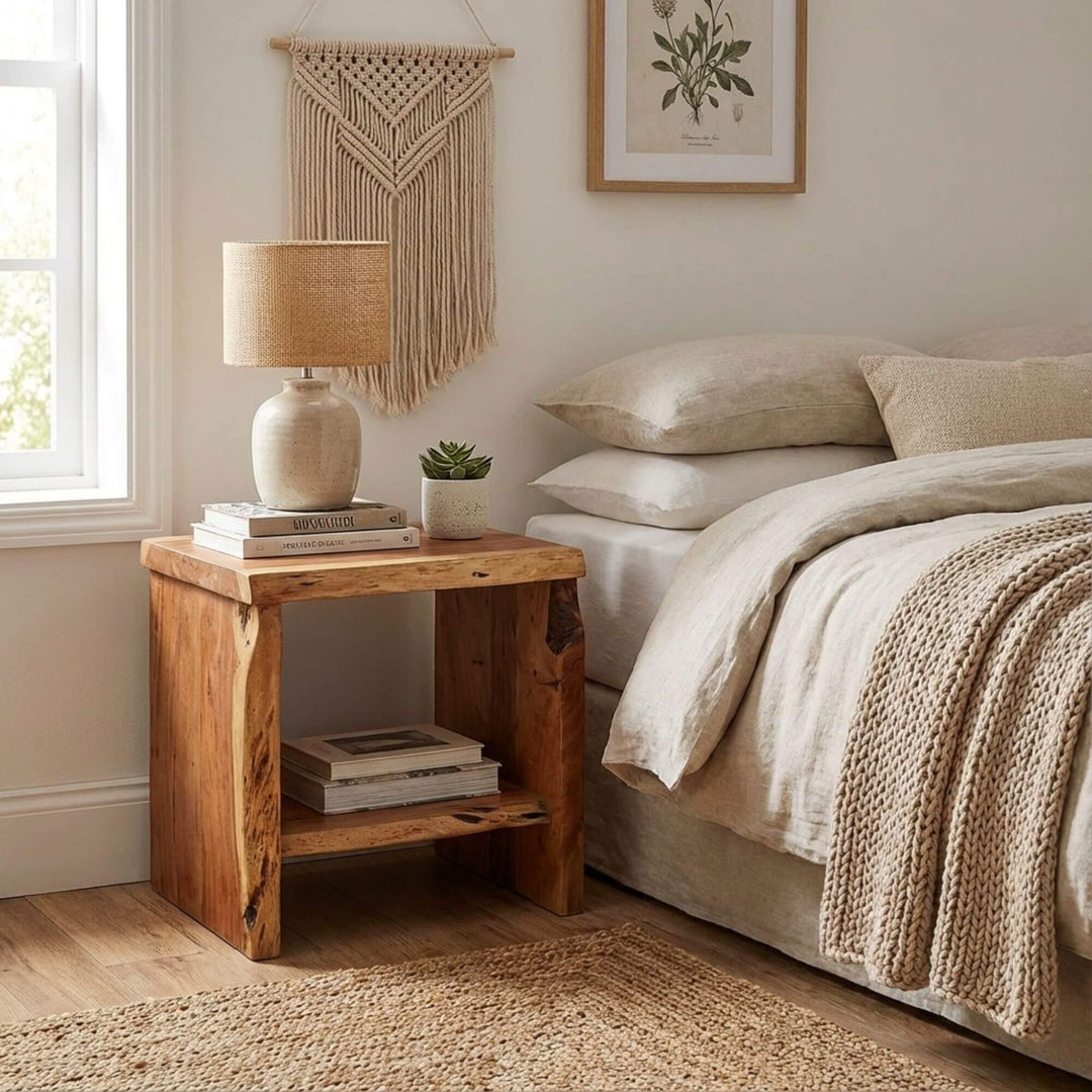 Styled bedroom setting featuring the Acacia Edge bedside table next to a bed with natural textiles.