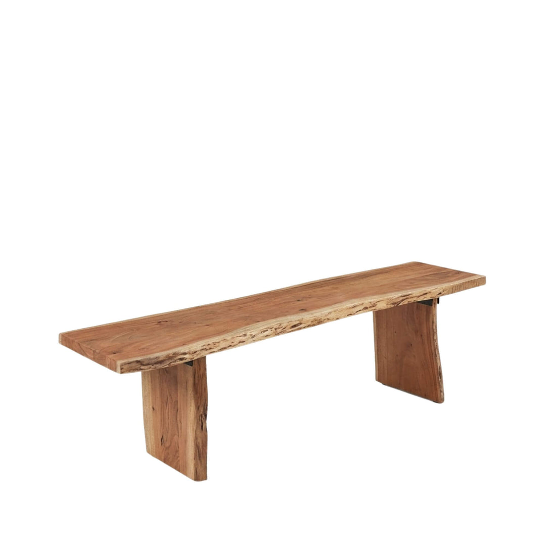 Front view of Acacia Edge bench highlighting its solid acacia wood top and natural live-edge detail.