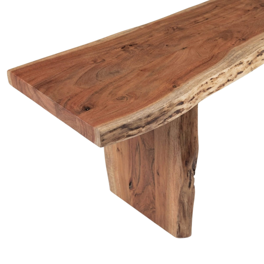 Angled view of the Acacia Edge bench showing its sturdy legs and clean construction.