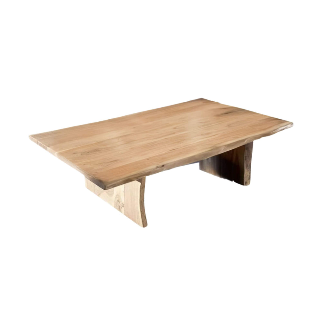 Rectangular solid acacia wood coffee table with live-edge design and natural grain patterns, combining rustic craftsmanship with modern simplicity.