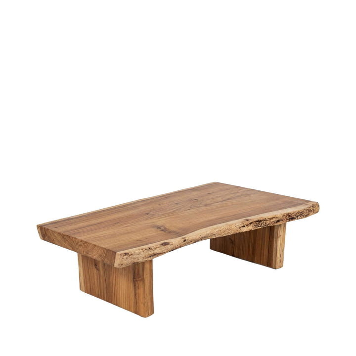 Front view of the acacia wood coffee table with natural live edge.