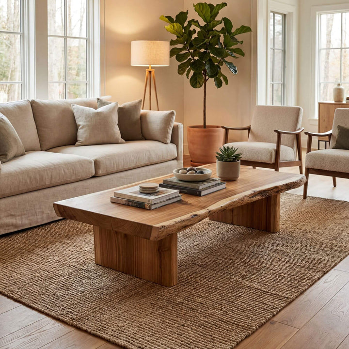 Living room setting featuring the acacia coffee table on a rug.