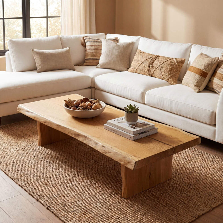 Styled living room setting featuring the acacia coffee table in a warm natural interior.