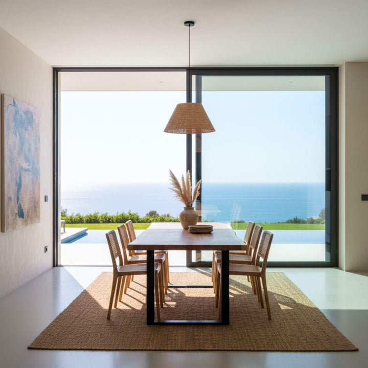 Acacia dining table in a bright room with ocean views.