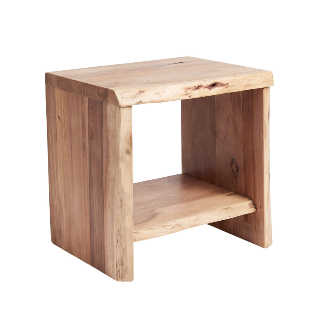 Front angled view of the Acacia Edge bedside table with natural wood grain and an open lower shelf