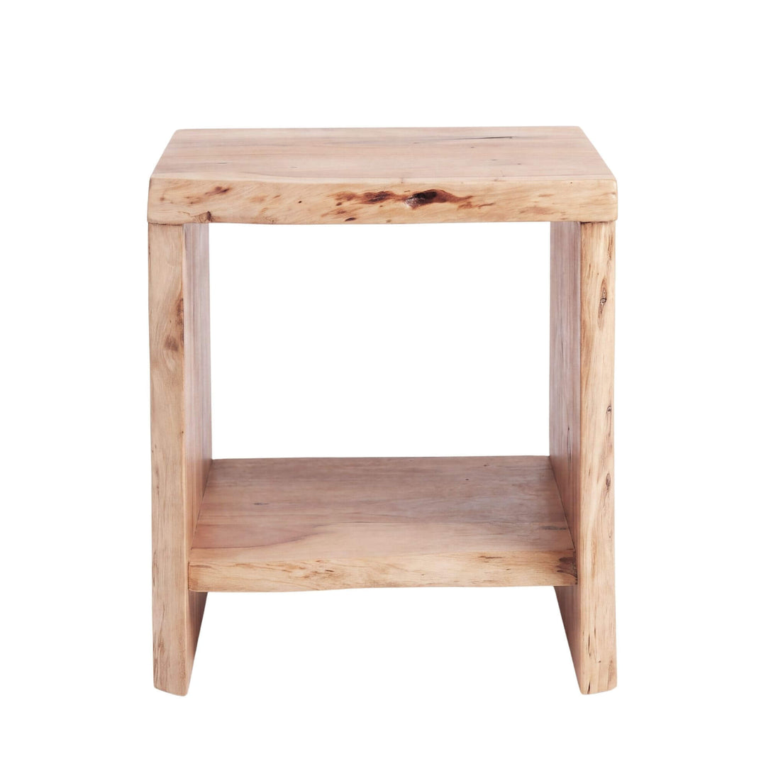 Front view of the Acacia Edge bedside table showing its open shelf and solid acacia wood construction