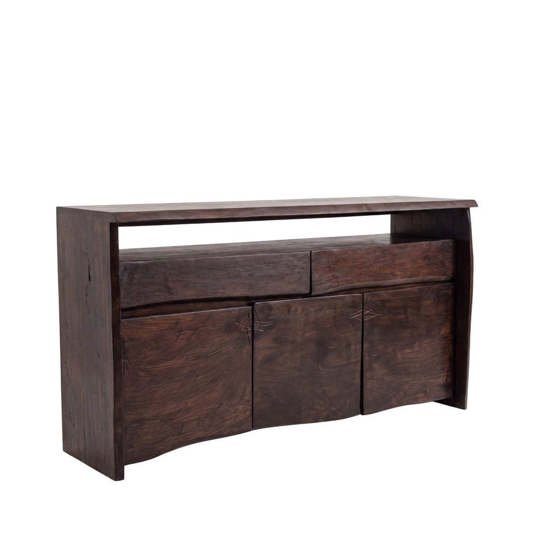 Front angled view of the Acacia Edge buffet showing its dark wood finish, two drawers, three doors, and open upper shelf.