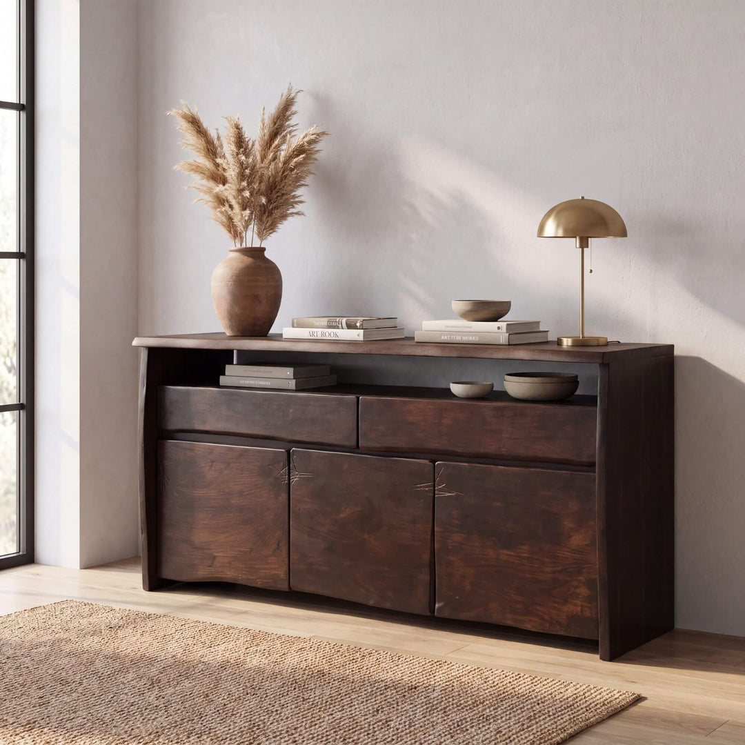 Styled interior setting featuring the Acacia Edge buffet in a warm contemporary living space with natural decor.