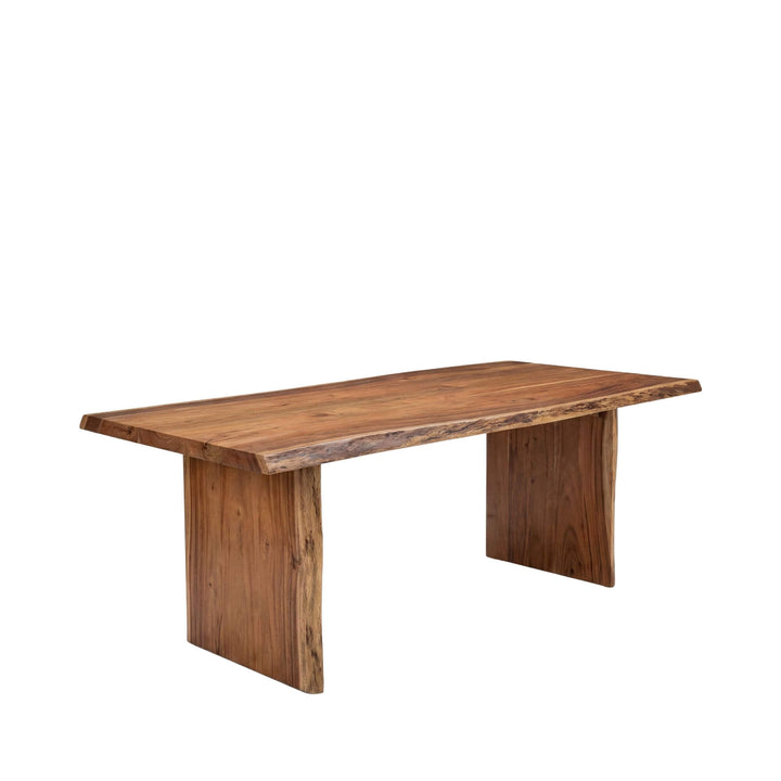 Front view of the Acacia Edge dining table showing its solid wood top and natural live edge.