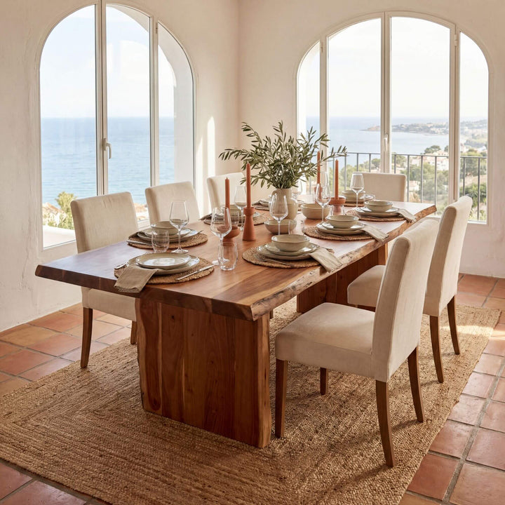 Styled dining room setting featuring the Acacia Edge dining table with warm natural decor.
