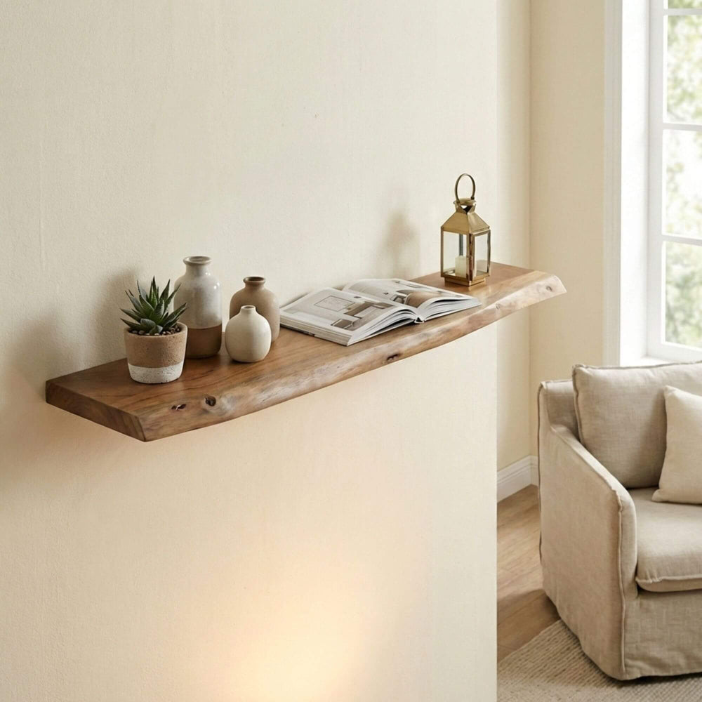 Styled interior setting featuring the acacia floating shelf mounted on the wall with decorative objects.