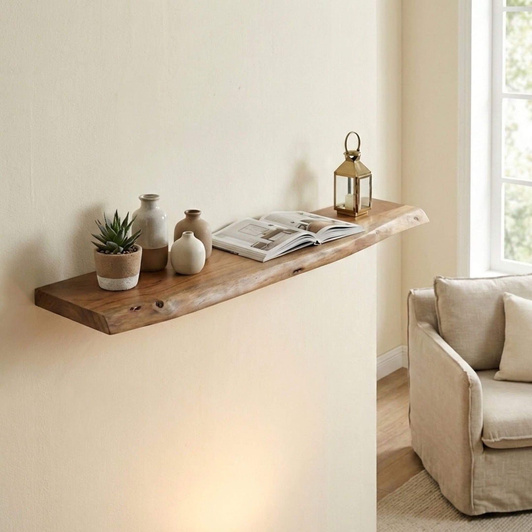 Styled interior setting featuring the acacia floating shelf mounted on the wall with decorative objects.