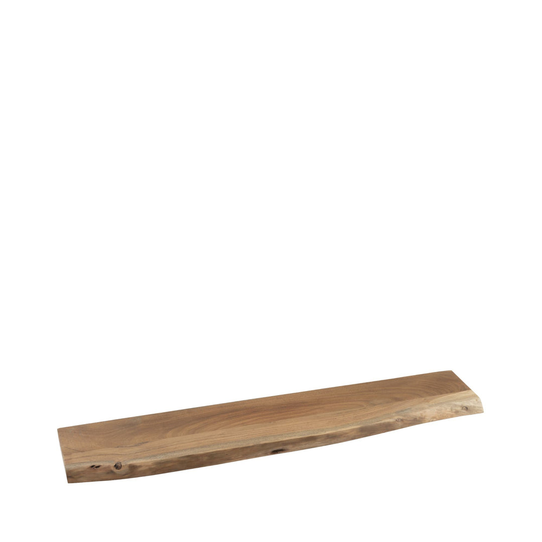 Front view of the shelf highlighting the solid wood surface and organic edge.