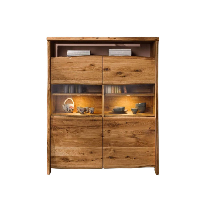 Acacia Edge Shelf with 4 doors, solid natural wood with live-style edges and integrated lighting, 131x45x147 cm.